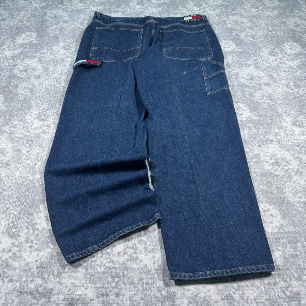 Vintage Y2K Baggy Tommy Jeans Carpenter Pant Men 40x32 Blue Side Tape Logo Denim